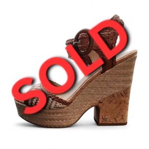 SAM EDELMAN Lillie Saddle Leather Cork Rattan Rafia Woven Wedges Heels Size 7.5